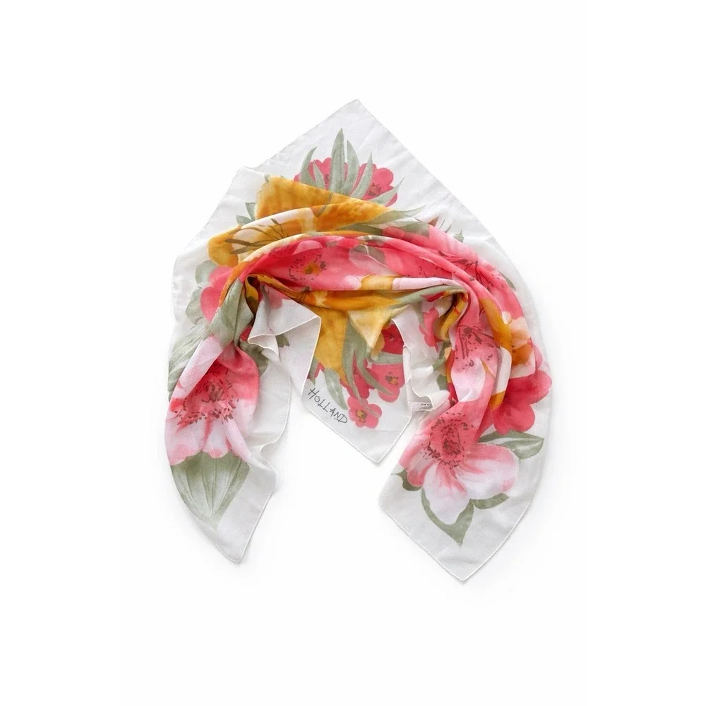 Vintage Holland Floral‎ Scarf Sheer Polyester Pink Yellow Green Square 80s Retro